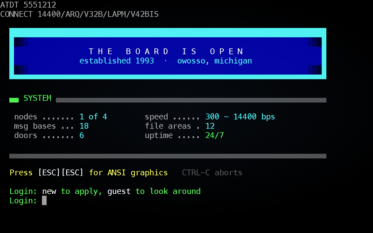 An ANSI-style BBS connect and login screen in the style of 1993: a modem CONNECT string at 14400 bps, a block-art banner, board statistics, and a login prompt