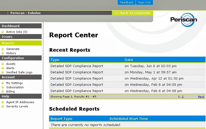 The original Periscan Report Center, listing scheduled and recent compliance reports