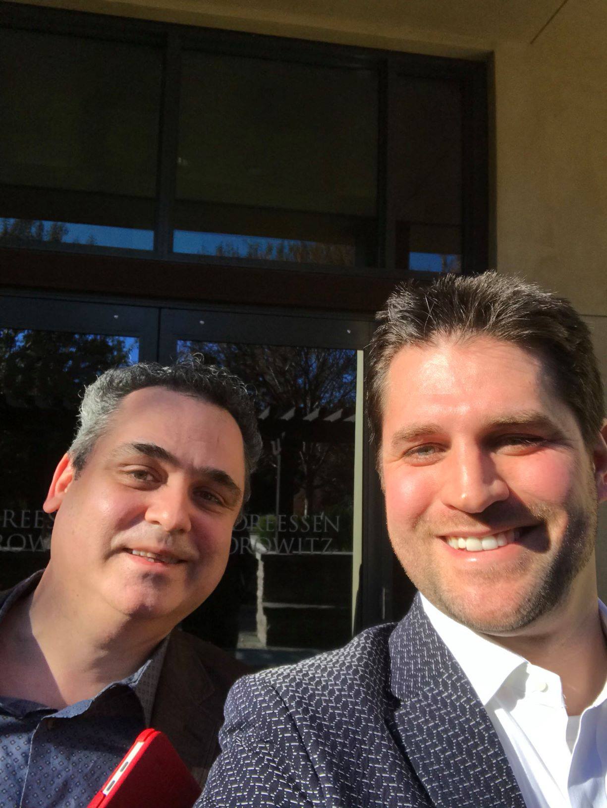 Sean Heiney and his SignalWire co-founder outside the Andreessen Horowitz offices on Sand Hill Road before pitching